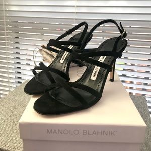 NIB Manolo Blahnik Amazia Suede Heel Black Sandal Strap 35.5 NEW